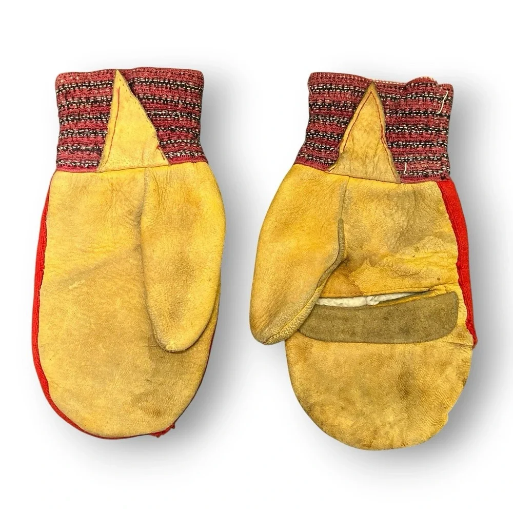 Vintage Leather Wool Chopper Mittens Red Work Hunting Cold Weather Gloves USA